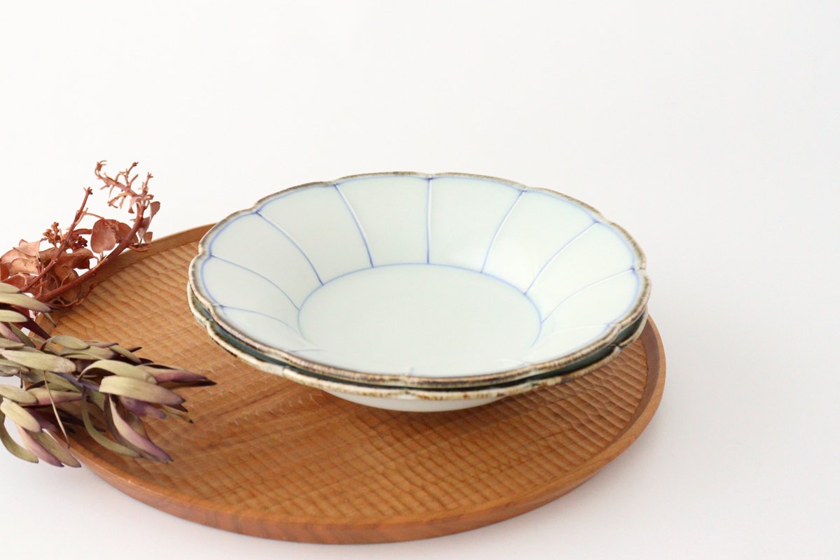 Flower-shaped Bowl Blue-lined 18cm/7.1in | Serving Bowl Mino Ware