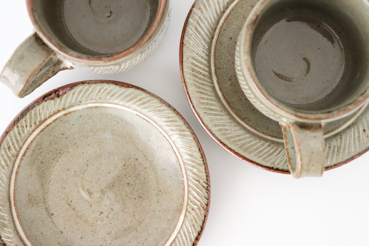 Cup and Saucer Gray White-Lines | Mino Ware