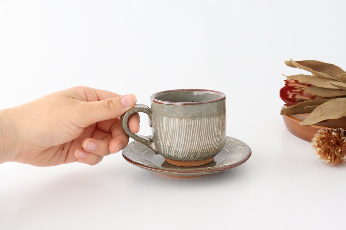 Cup and Saucer Gray White-Lines | Mino Ware