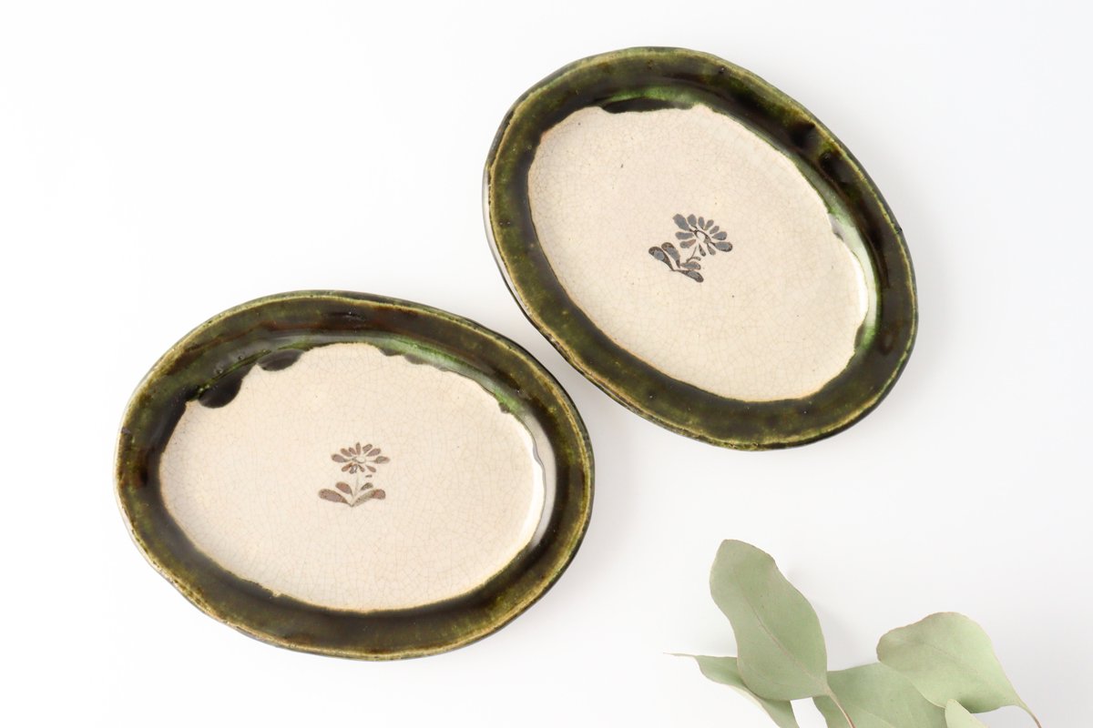 Kitagama Kasen Kato Hiroshige Oval Plate Oribe Small Flower | Seto Ware