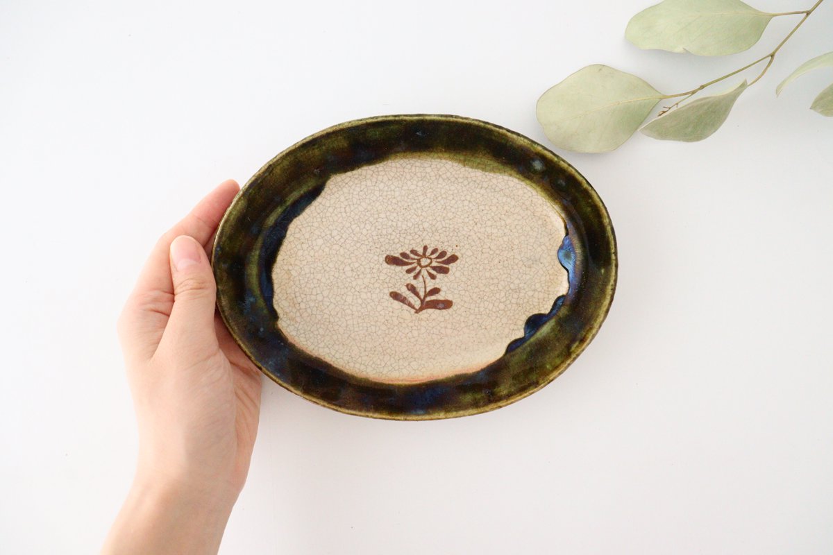 Kitagama Kasen Kato Hiroshige Oval Plate Oribe Small Flower | Seto Ware