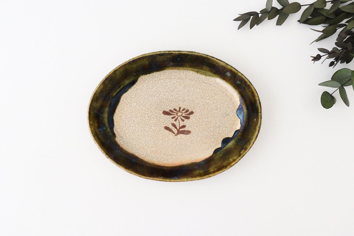 Kitagama Kasen Kato Hiroshige Oval Plate Oribe Small Flower | Seto Ware