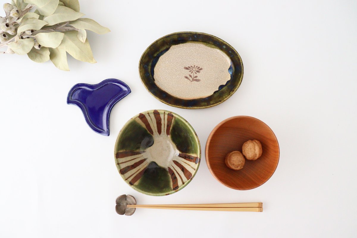 Kitagama Kasen Kato Hiroshige Oval Plate Oribe Small Flower | Seto Ware