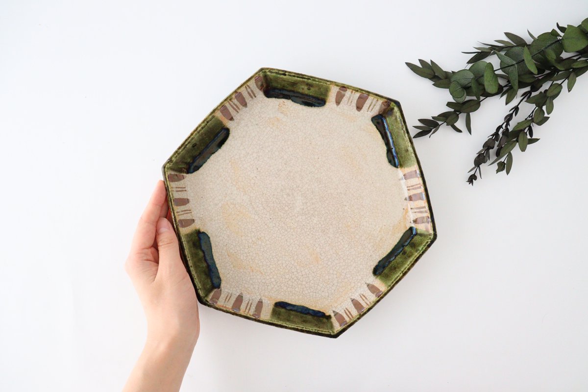 Kitagama Kasen Hiroshige Kato Hexagon Plate Oribe 24cm/9.4in | Seto Ware