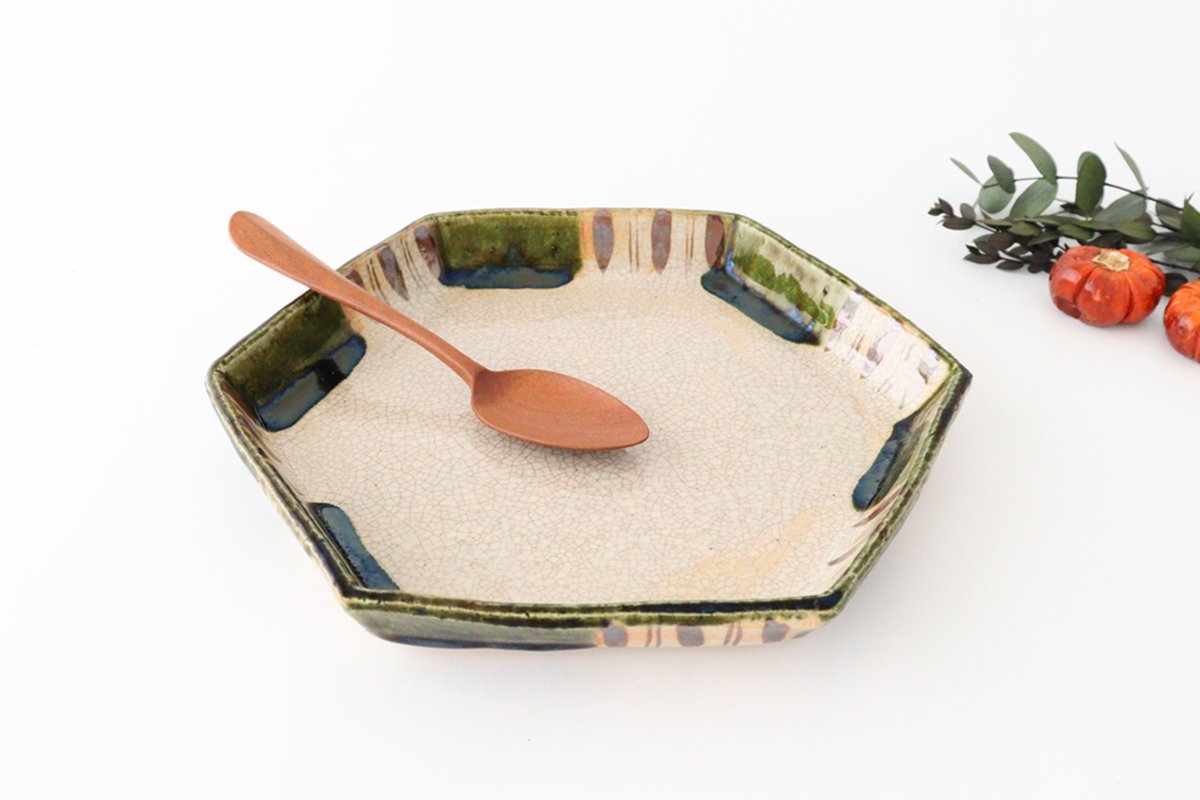 Kitagama Kasen Hiroshige Kato Hexagon Plate Oribe 24cm/9.4in | Seto Ware