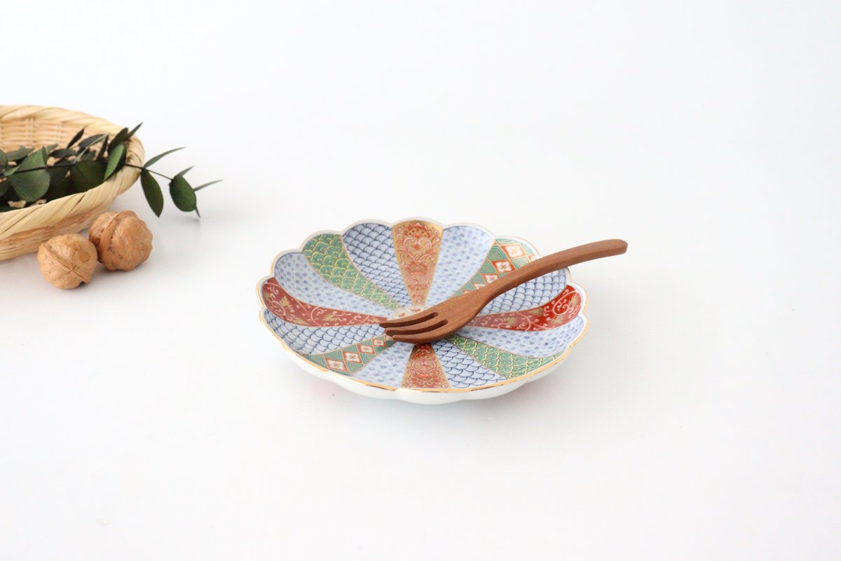 Rinkurou Kiln Chrysanthemum Shaped Plate Old Imari Pattern Red&Green 15cm/5.9in | Hasami Ware