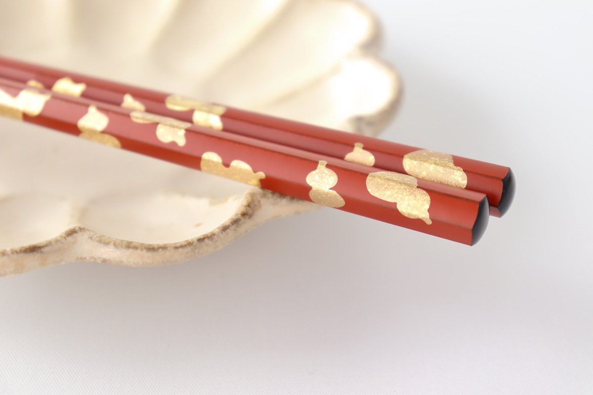 KORINDO Echizen Chopsticks Hexagonal Gold Leaf Six Gourds Washed Red 23.0cm /9.05in