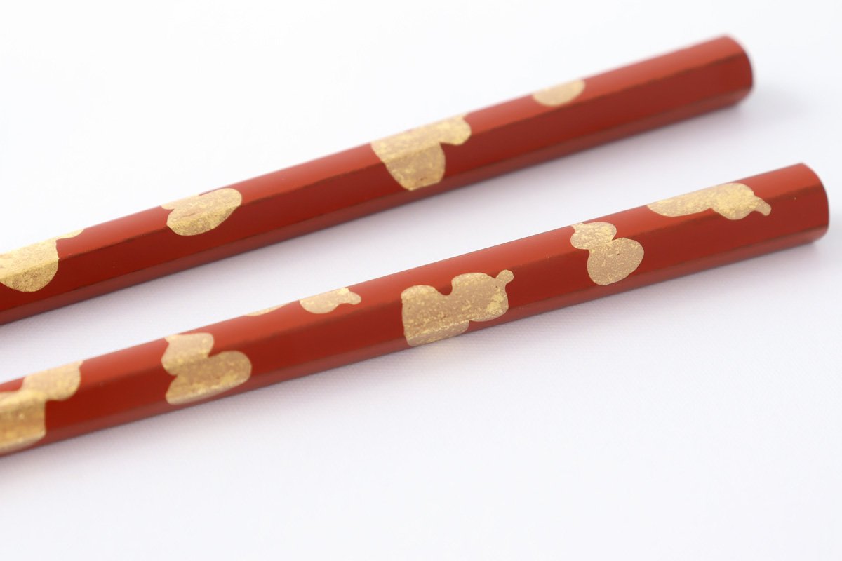 KORINDO Echizen Chopsticks Hexagonal Gold Leaf Six Gourds Washed Red 23.0cm /9.05in