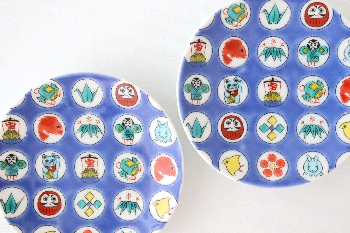 Seikou Kiln Sauce Plate Round Lucky Items Pattern | Kutani Ware