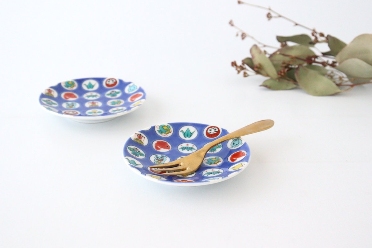 Seikou Kiln Sauce Plate Round Lucky Items Pattern | Kutani Ware