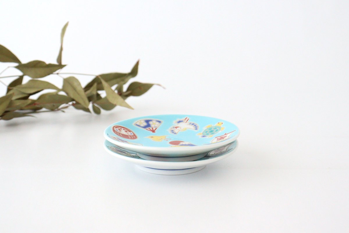Seikou Kiln Sauce Plate Luckey Charms Light Blue | Kutani Ware