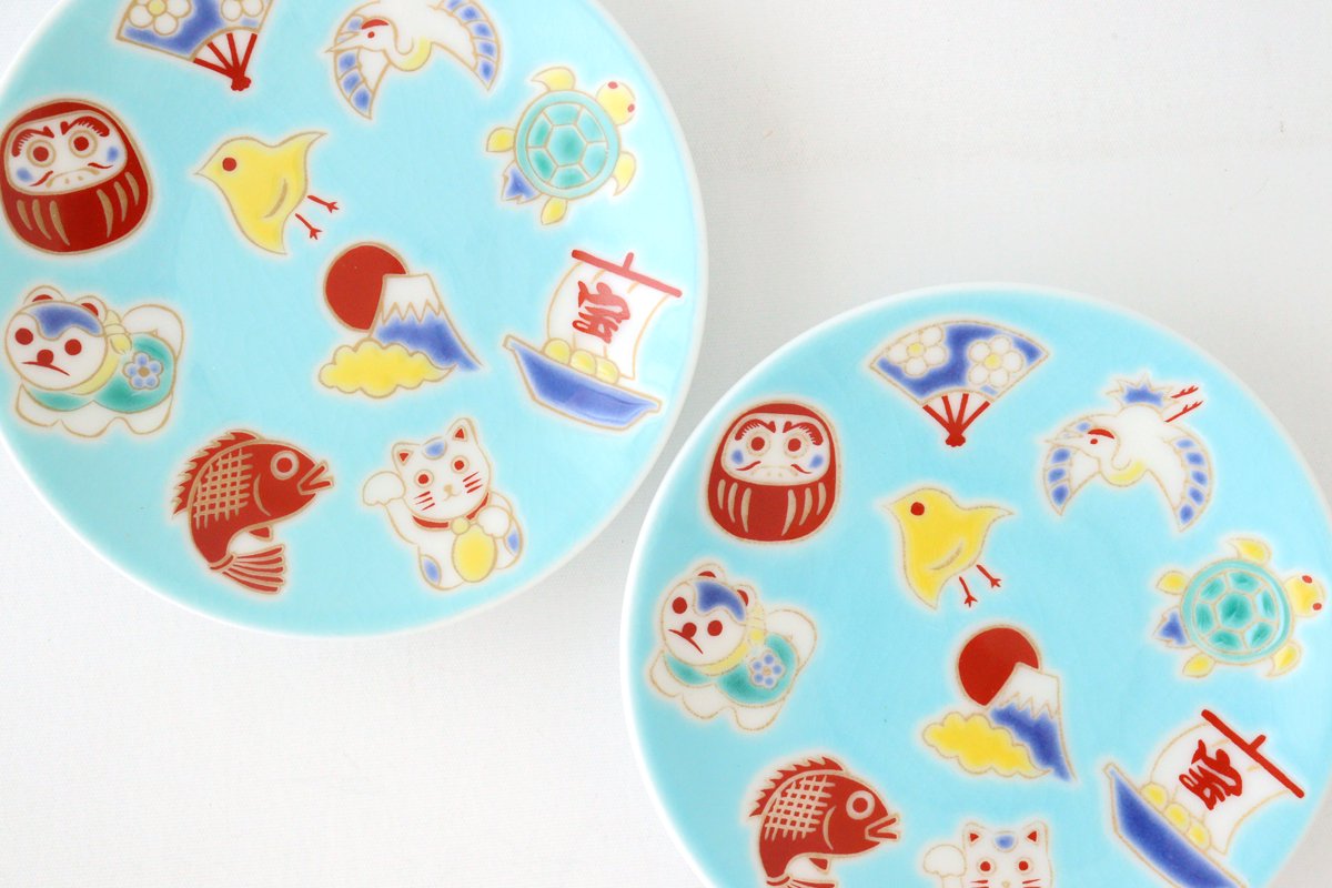 Seikou Kiln Sauce Plate Luckey Charms Light Blue | Kutani Ware