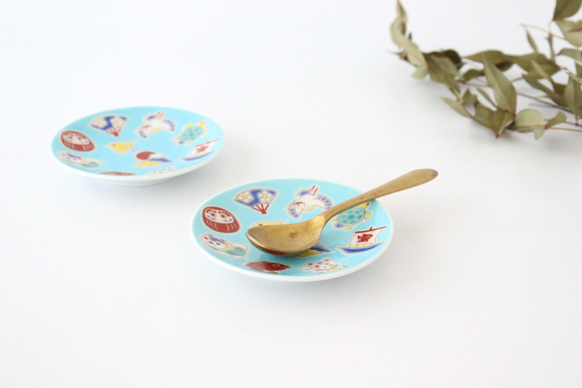 Seikou Kiln Sauce Plate Luckey Charms Light Blue | Kutani Ware