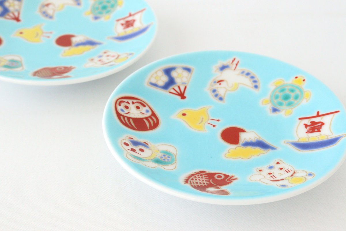 Seikou Kiln Sauce Plate Luckey Charms Light Blue | Kutani Ware