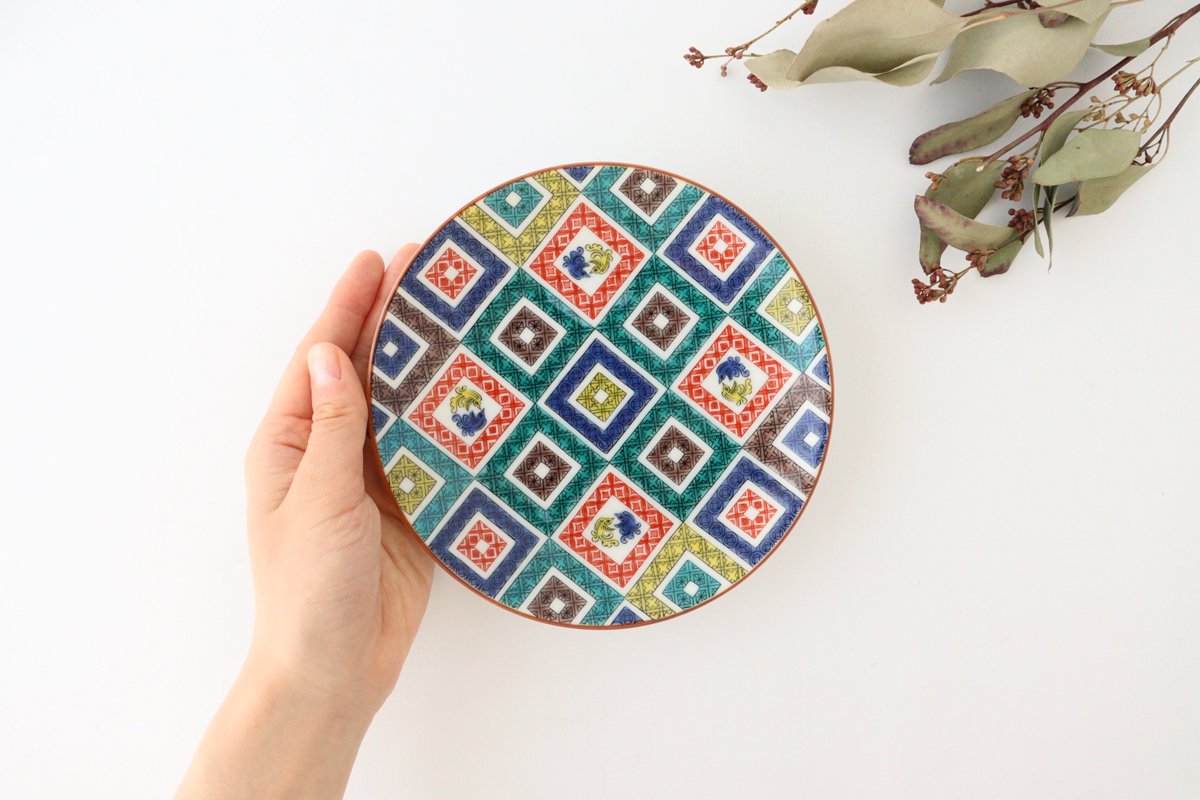 Seikou kiln Round Plate Old Kutani Colored Picture Pavement Pattern| Kutani Ware-Detail3