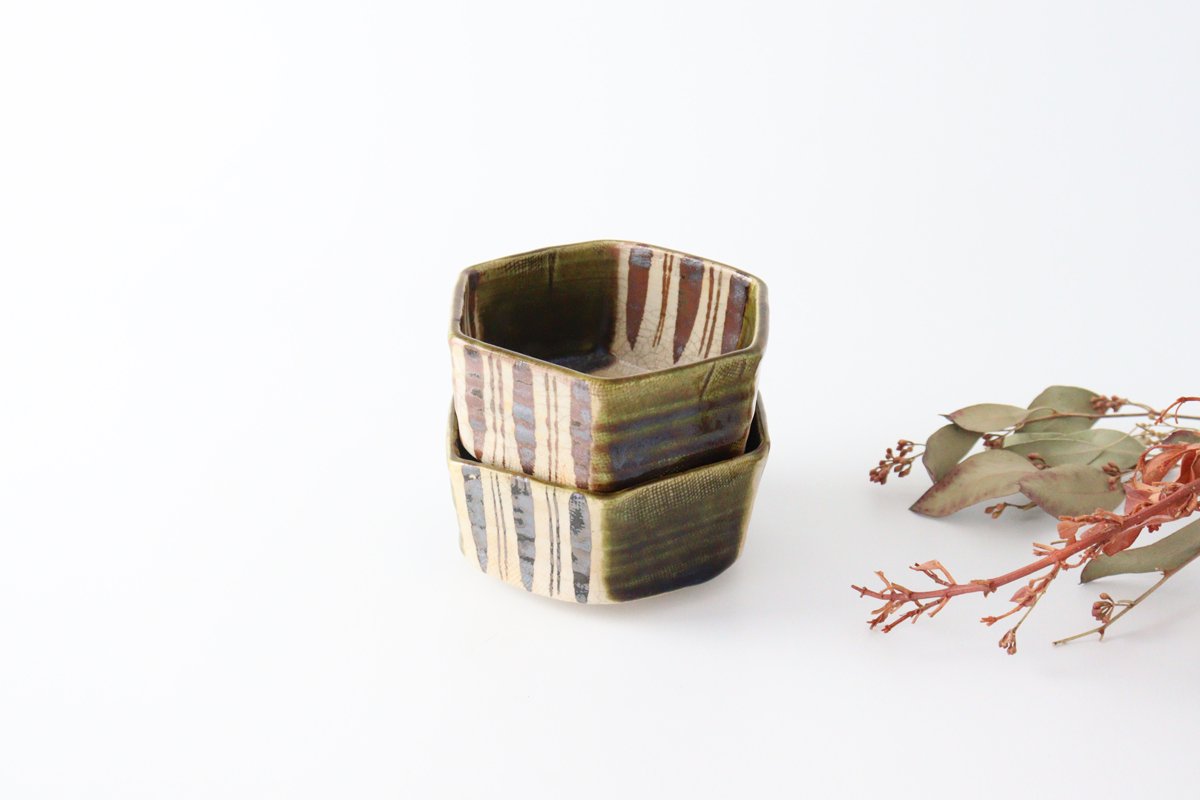 Kitagama Kasen Hiroshige Kato Hexagonal Small Bowl Oribe Line Pattern | Kobachi Seto Ware