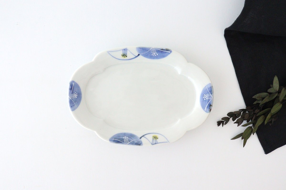 Zoho Kiln Oval Plate Blue Camellia | Mino Ware
