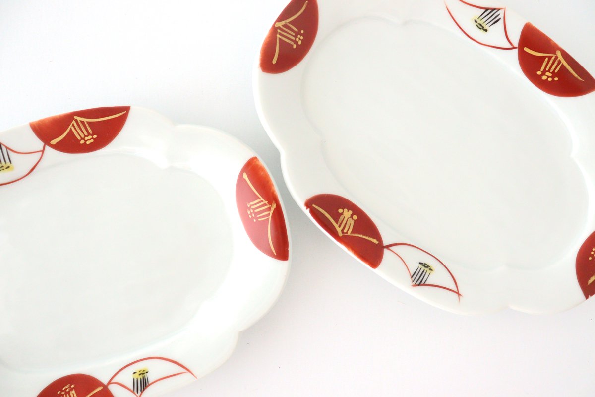 Zoho Kiln Oval Plate Red Camellia | Mino Ware