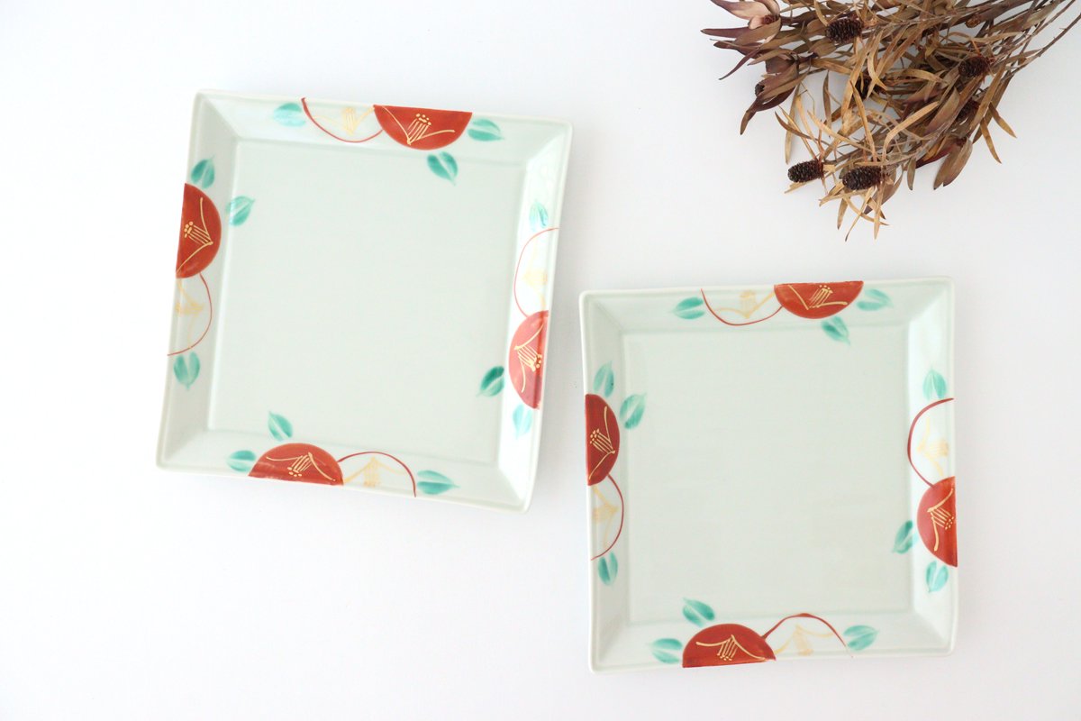 Zoho Kiln Square Plate Red Camellia 21.0 /8.26in | Sushi Plate Mino Ware