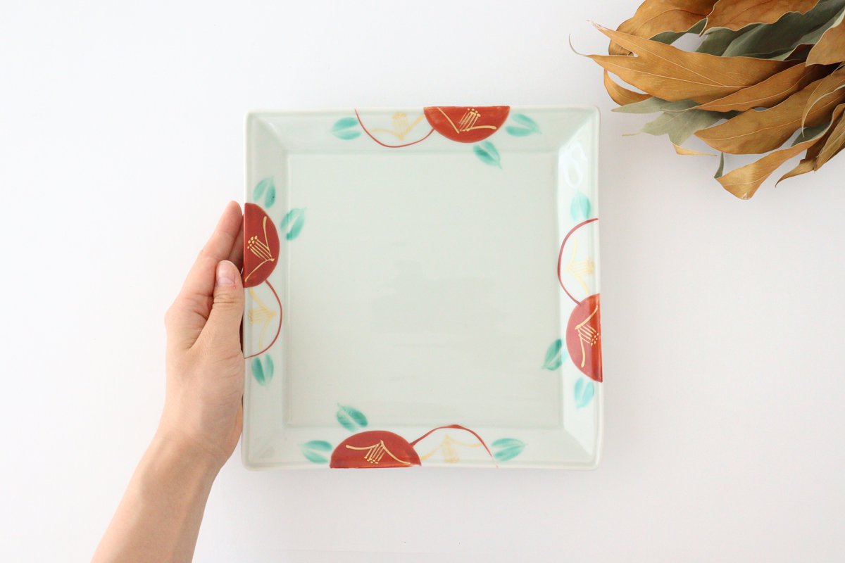 Zoho Kiln Square Plate Red Camellia 21.0 /8.26in | Sushi Plate Mino Ware