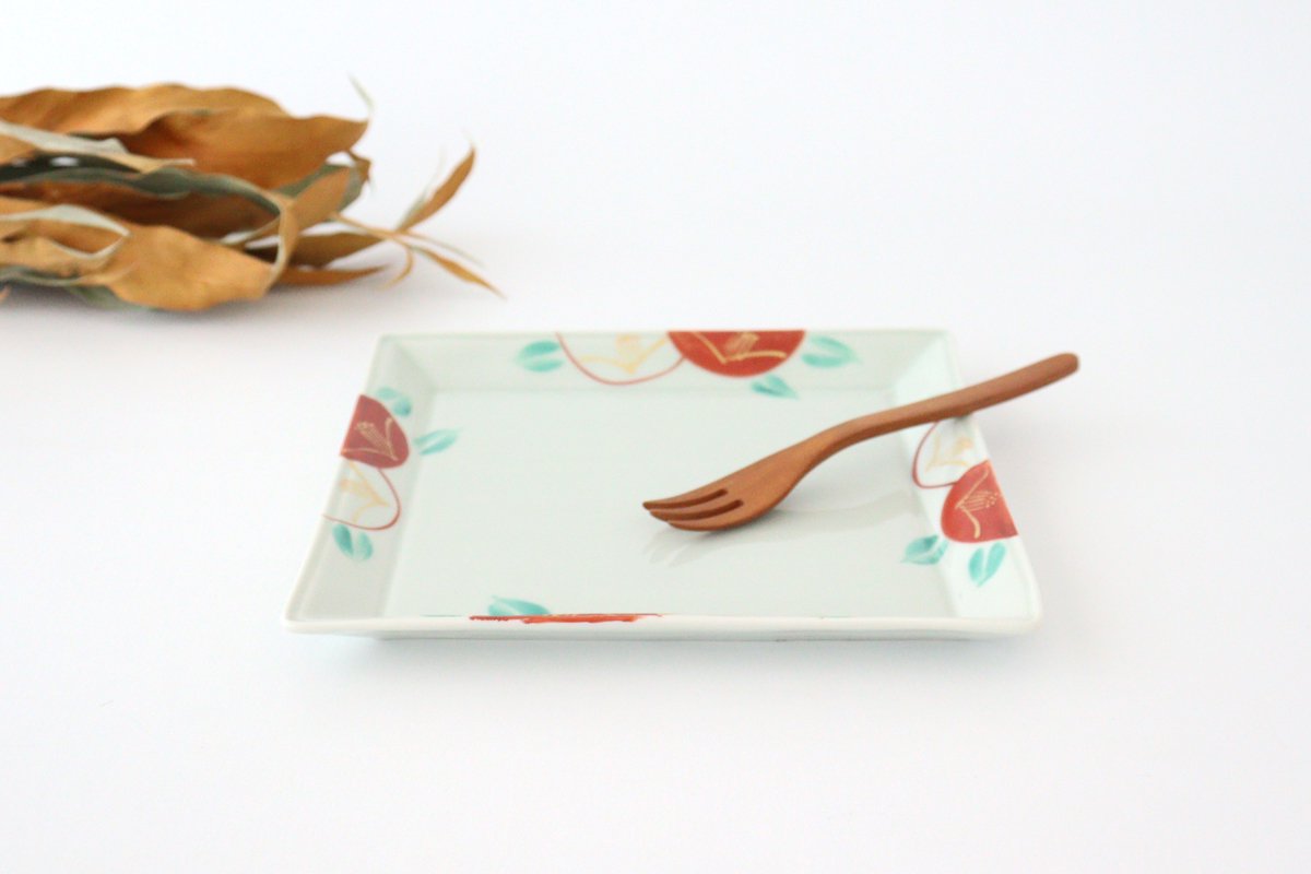 Zoho Kiln Square Plate Red Camellia 21.0 /8.26in | Sushi Plate Mino Ware
