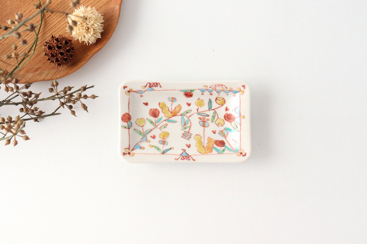 Ginshu Kiln Long Square Small Plate Flower Pattern | Kutani Ware
