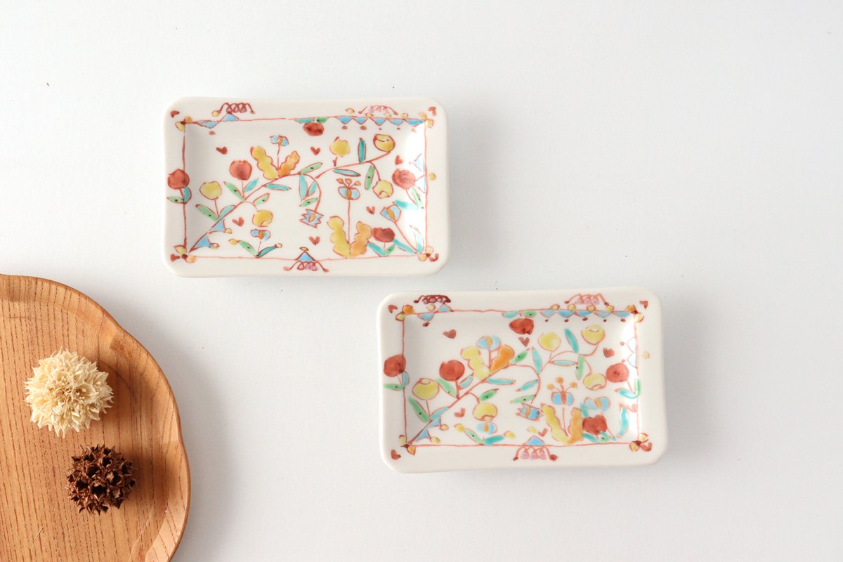 Ginshu Kiln Long Square Small Plate Flower Pattern | Kutani Ware