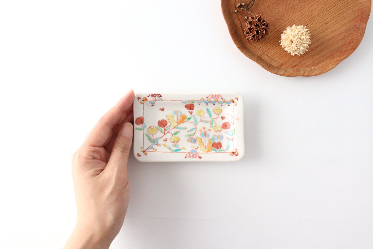 Ginshu Kiln Long Square Small Plate Flower Pattern | Kutani Ware