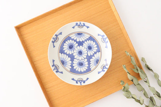 Rinkurou Kiln Round Plate Chrysanthemum Blue and Silver 18.5cm/7.3in | Hasami Ware-TOP