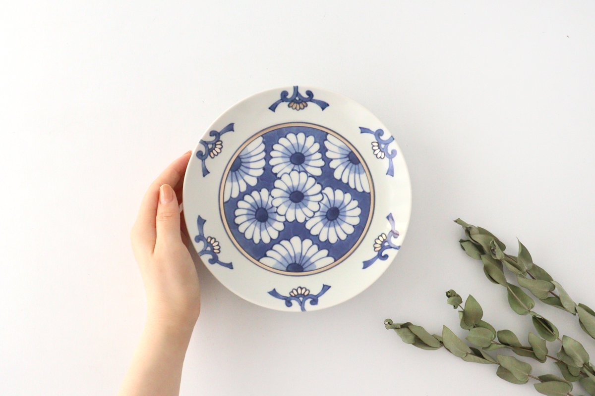 Rinkurou Kiln Round Plate Chrysanthemum Blue and Silver 18.5cm/7.3in | Hasami Ware