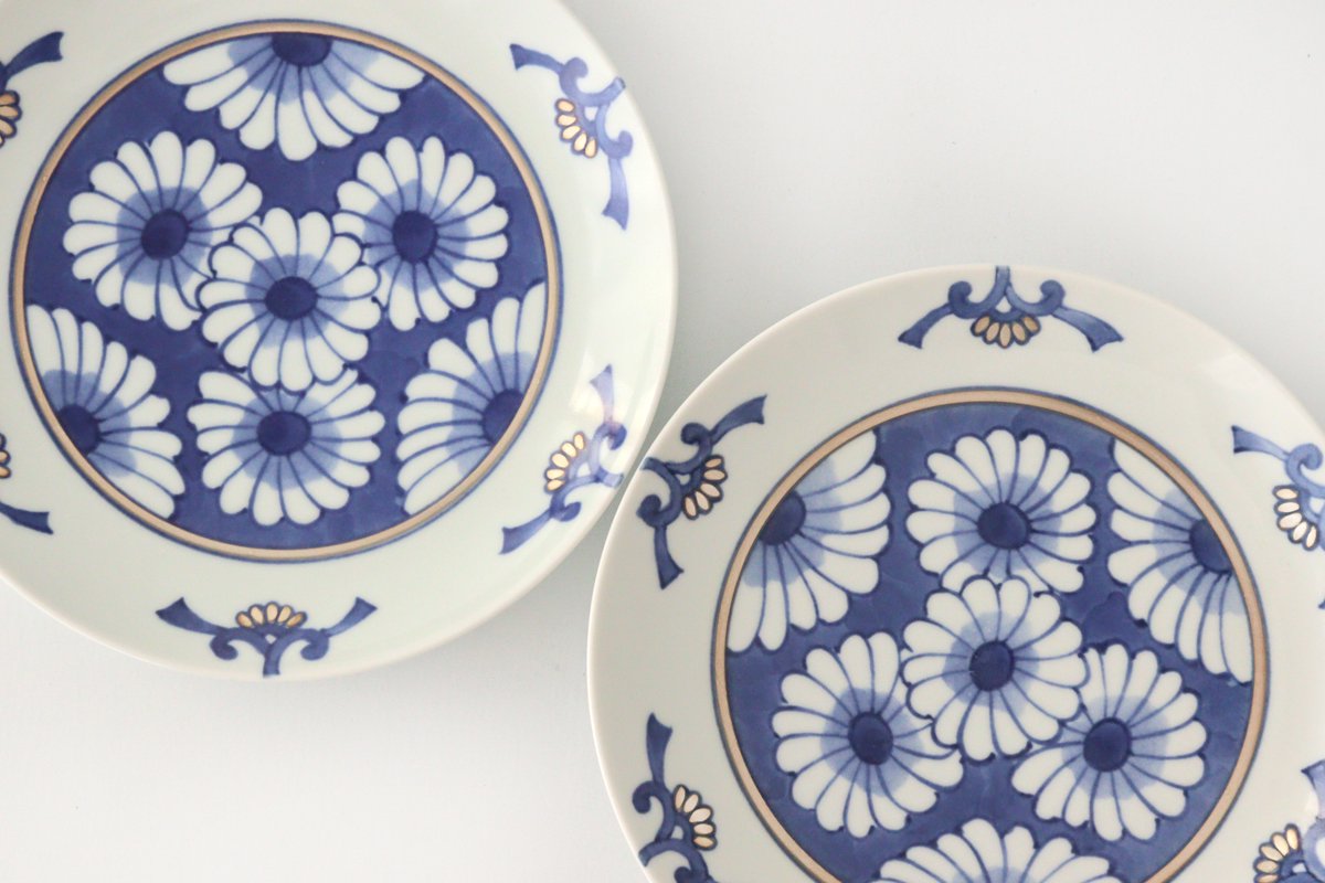 Rinkurou Kiln Round Plate Chrysanthemum Blue and Silver 18.5cm/7.3in | Hasami Ware