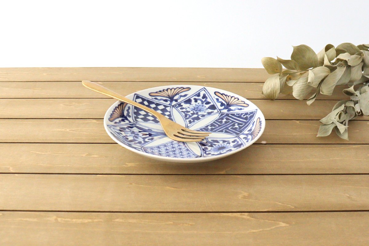 Rinkurou Kiln Round Plate Flower Blue and Silver 18.5cm/7.3in | Hasami Ware