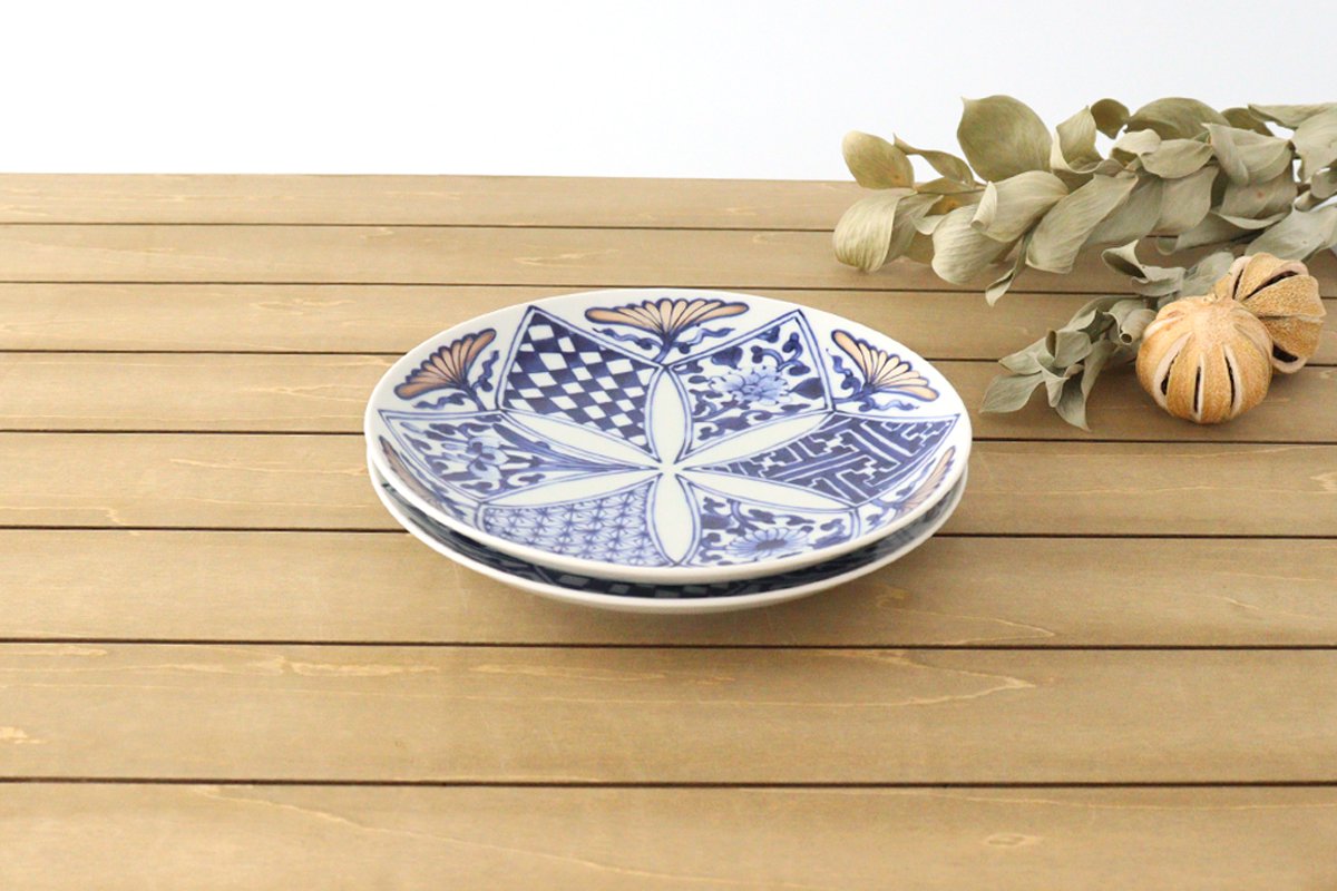 Rinkurou Kiln Round Plate Flower Blue and Silver 18.5cm/7.3in | Hasami Ware