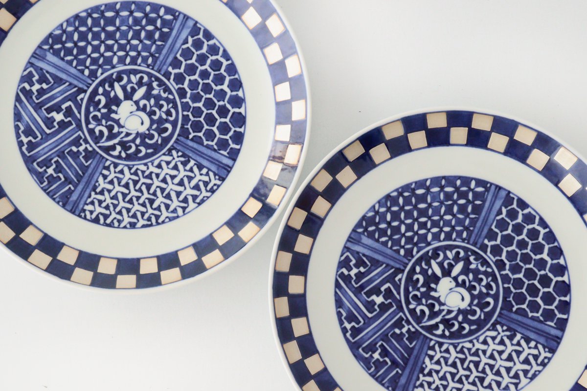 Rinkurou Kiln Round Plate Rabbit and Ichimatsu Pattern 18.5cm/7.3in | Hasami Ware-Detail7