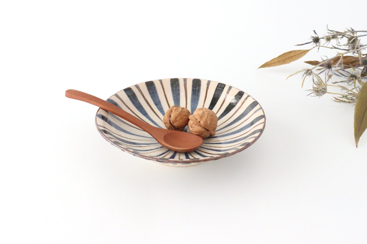Flat Bowl Stripes Blue 18cm/7.1in | Serving Bowl Mino Ware