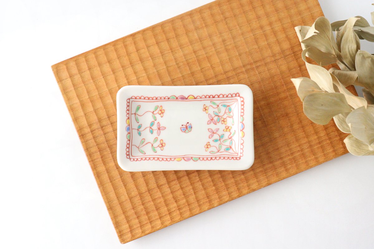 Ginshu Kiln Long Square Small Plate Flower and Butterfly | Kutani Ware
