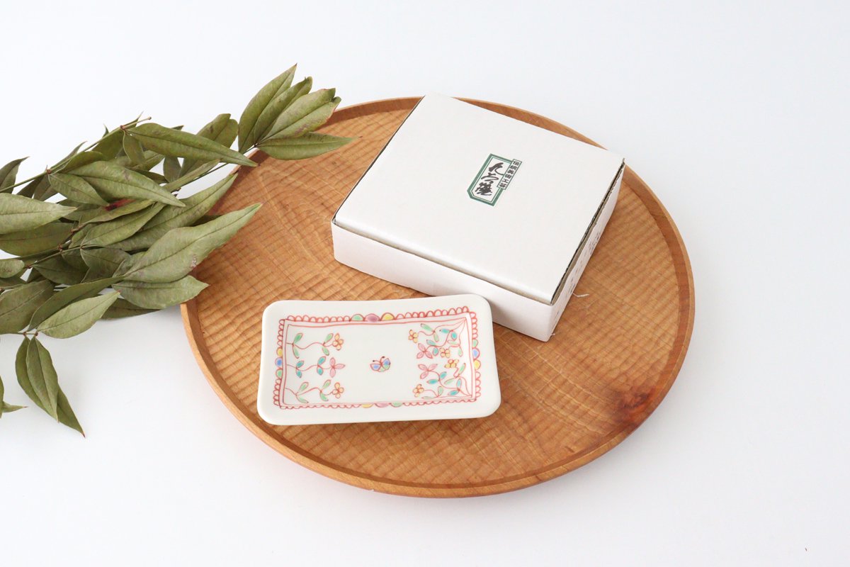 Ginshu Kiln Long Square Small Plate Flower and Butterfly | Kutani Ware