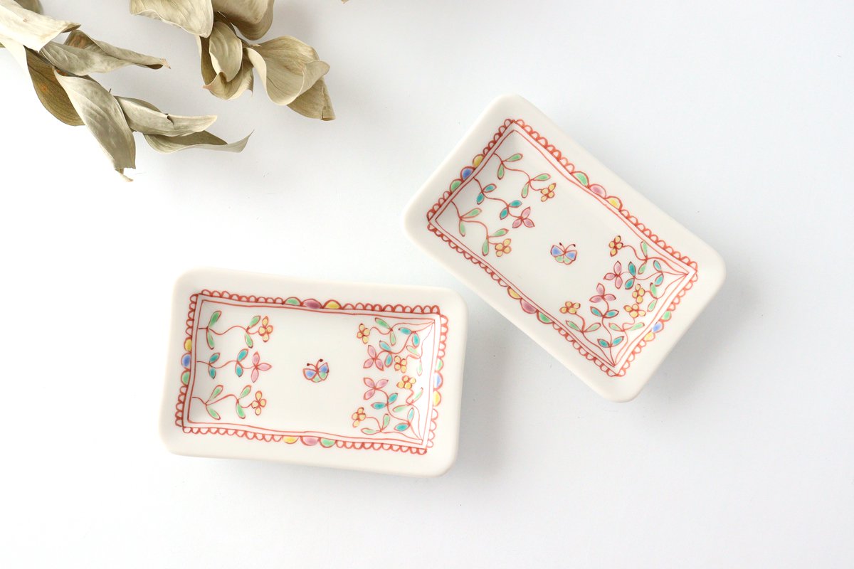 Ginshu Kiln Long Square Small Plate Flower and Butterfly | Kutani Ware