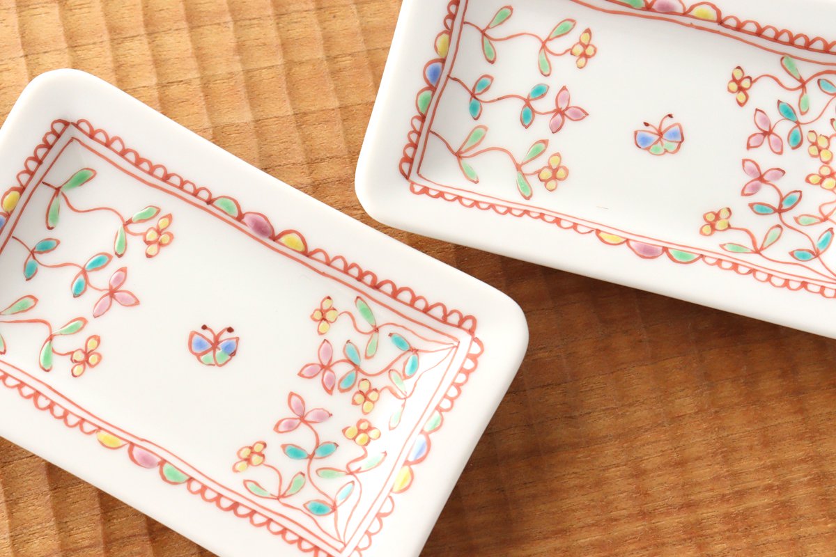 Ginshu Kiln Long Square Small Plate Flower and Butterfly | Kutani Ware