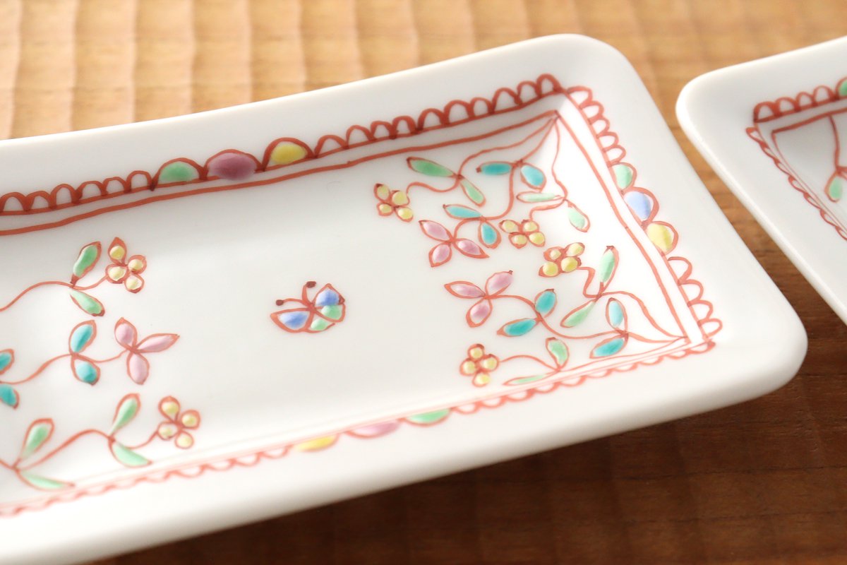 Ginshu Kiln Long Square Small Plate Flower and Butterfly | Kutani Ware