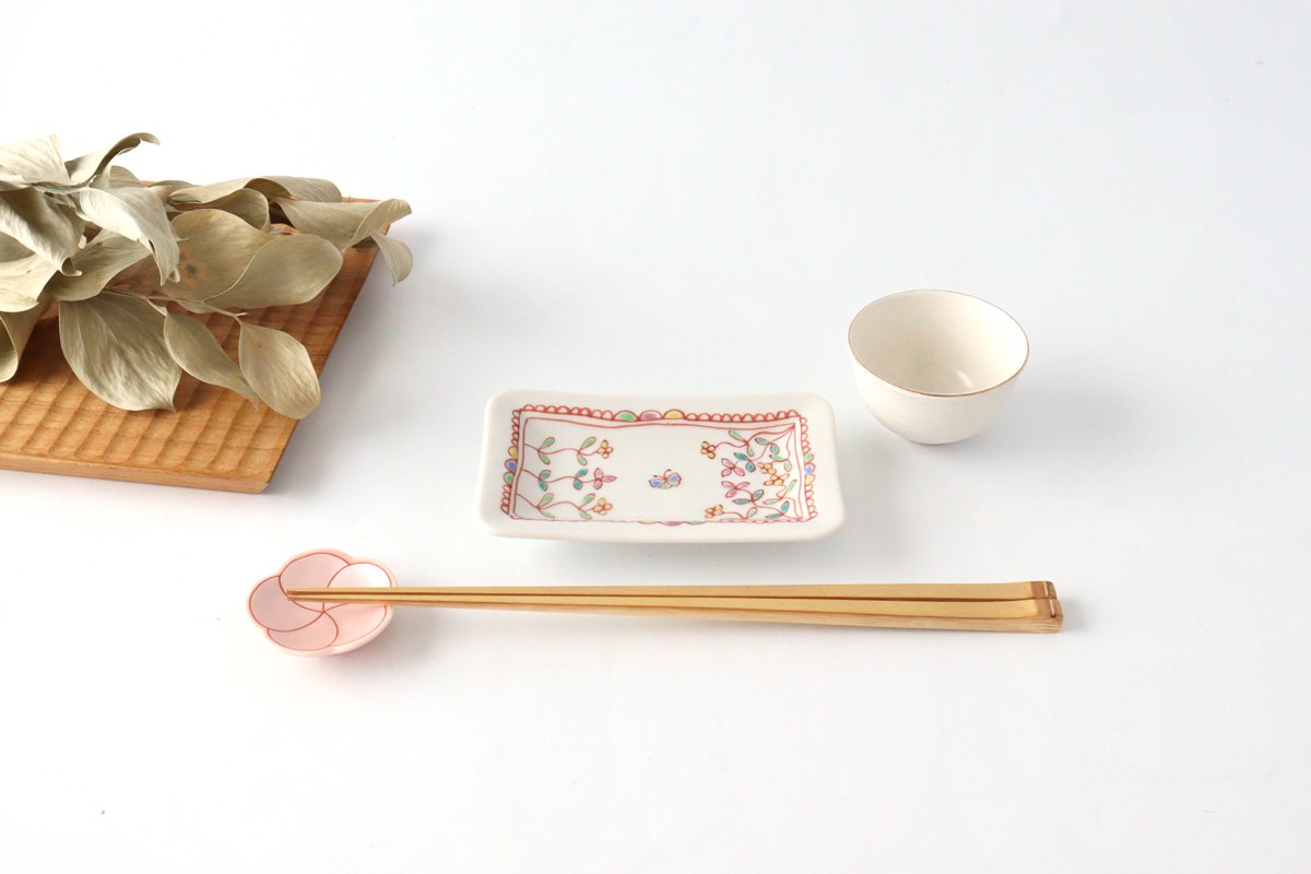 Ginshu Kiln Long Square Small Plate Flower and Butterfly | Kutani Ware