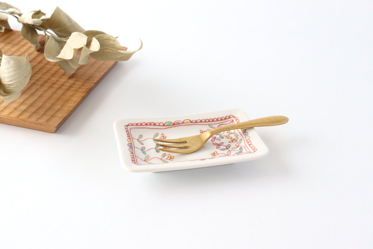 Ginshu Kiln Long Square Small Plate Flower and Butterfly | Kutani Ware