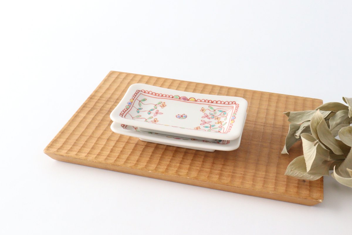 Ginshu Kiln Long Square Small Plate Flower and Butterfly | Kutani Ware