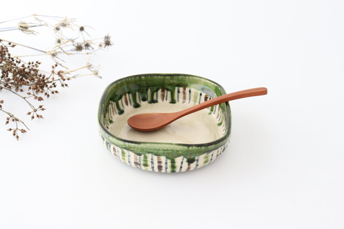 Square Bowl Oribe and Brown Tokusa | Serving Bowl Seto Ware