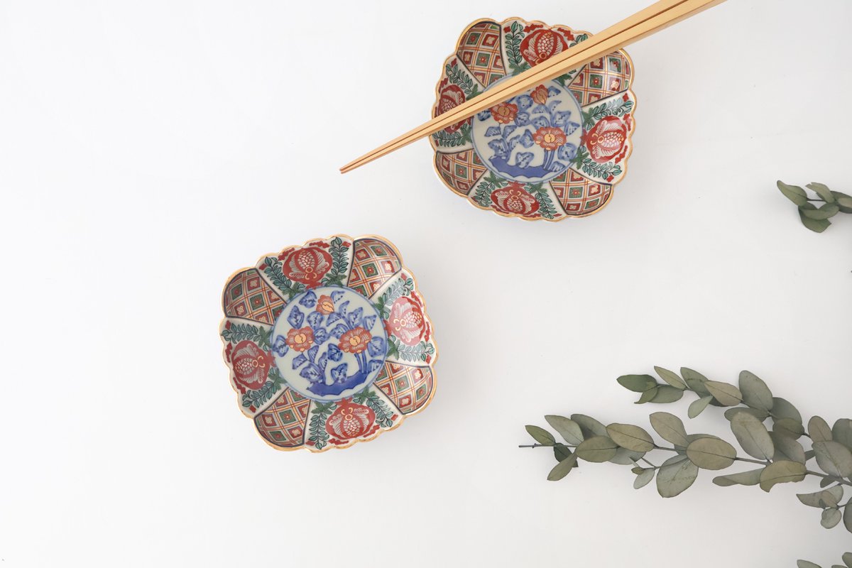 Rinkurou Kiln Chrysanthemum-shaped Small Plate Square Pattern | Hasami Ware