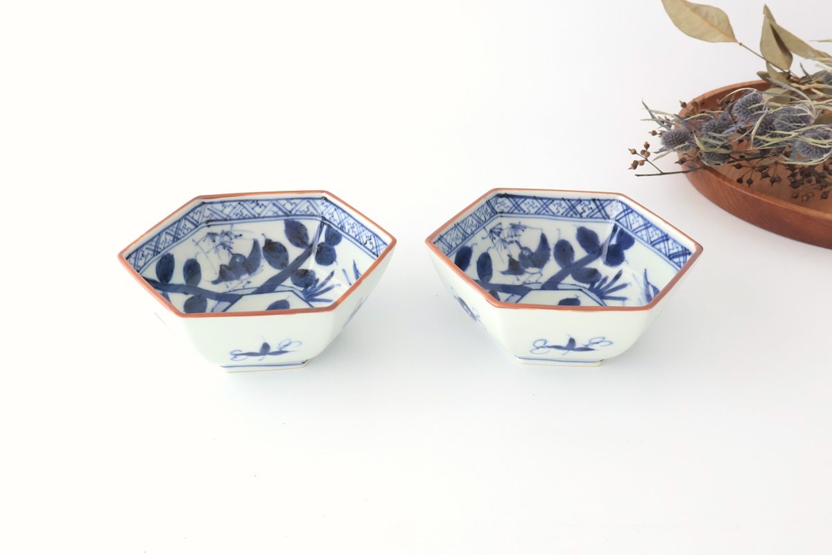 Small Hexagonal Bowl Flower and Birds|Kobachi Hasami Ware