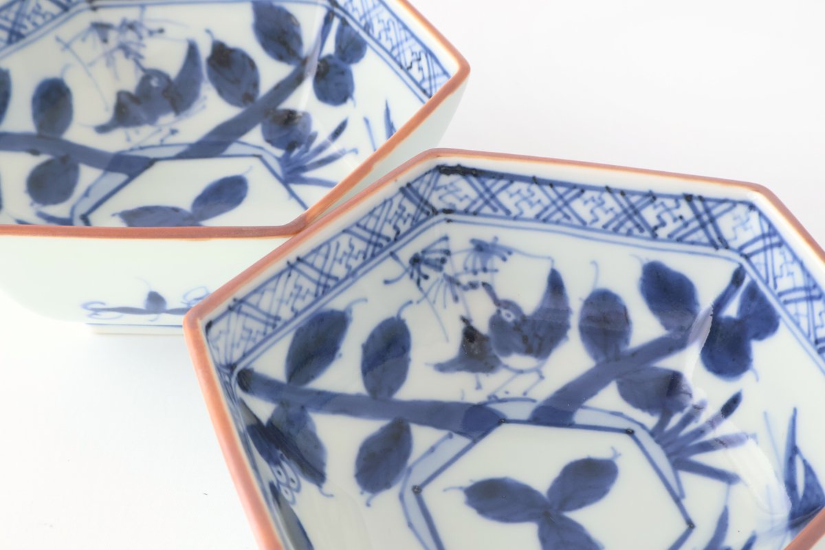 Small Hexagonal Bowl Flower and Birds|Kobachi Hasami Ware