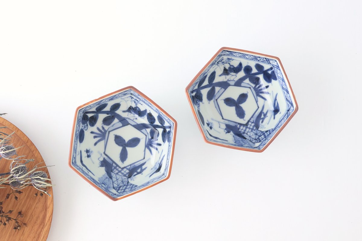 Small Hexagonal Bowl Flower and Birds|Kobachi Hasami Ware
