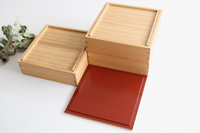 Matsuya Lacquerware Store Three-tiered Jyubako Bento Box Inner Vermilion 18cm/7.1in Unpainted Ash