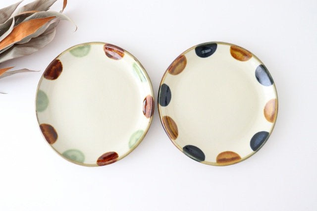 Toshin Kiln Round Plate Brown and Green Dots 21cm/8.3in | Tsuboya Ware  Yachimun-Detail12